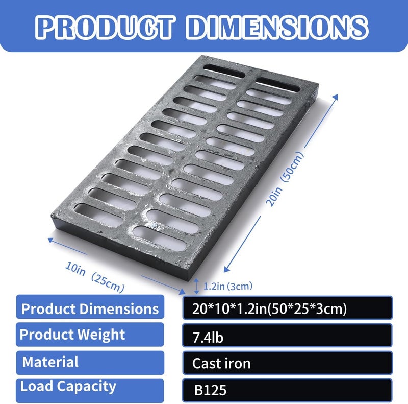 Facoba Cast Iron Drain Grate, 20 * 10in Outdoor Drain Cover, B125 Class Ductile Iron Channel Drainage Grates, Heavy Duty Sewer Grate,Black Rectangle Drain Grate for Yard,Driveway,Concrete Floor. - Image 2